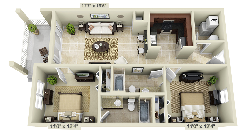 Floor plan for 2 beds, 2 baths, 960 sqft